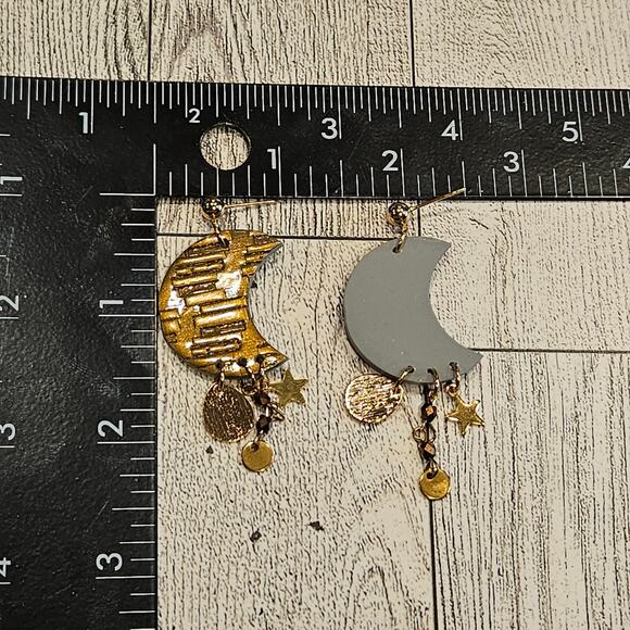 Moon Dangle Earrings Bookstack Embossed Cottagecore Read Boho Handmade Clay - Picture 4 of 5